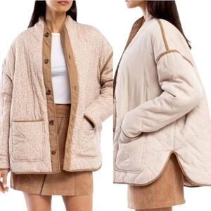 BLANKNYC Quilted Liner Jacket M Reversible Floral Utility Button Cozy Cream Tan